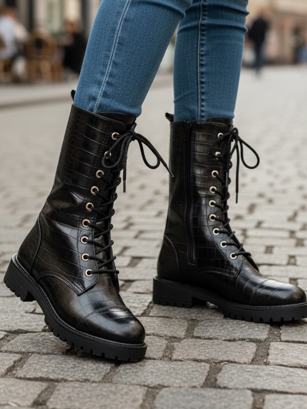 Women's Black Croc-Embossed Lace-Up Combat Boots